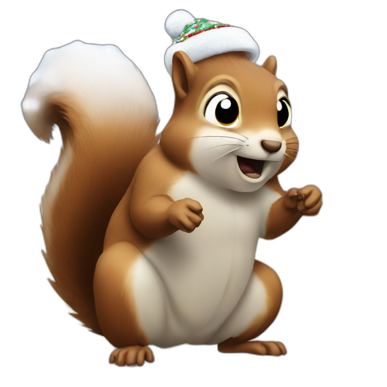 deranged squirrel covered in Christmas lights with snow on his face