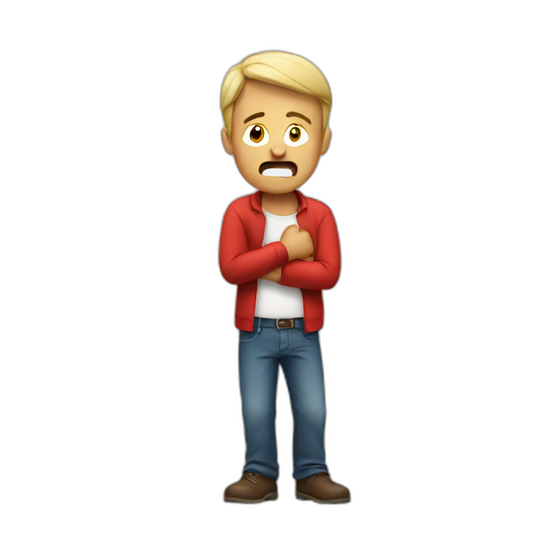 man holding back in pain, red, tired expression