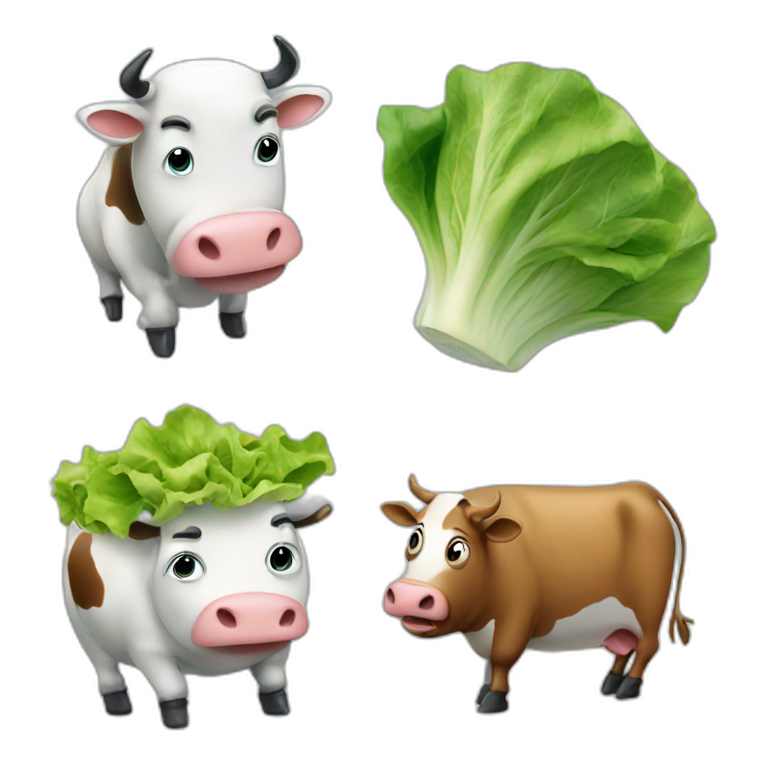 Divide the emoji into four quadrants, top left being a very offended chubby cow, top right being a fish morphing into lettuce, bottom right being a two robots jumping, bottom left being many chubby cows with lettuce.